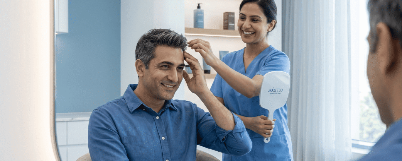 A satisfied client enjoying a natural-looking non-surgical hair replacement fitting.