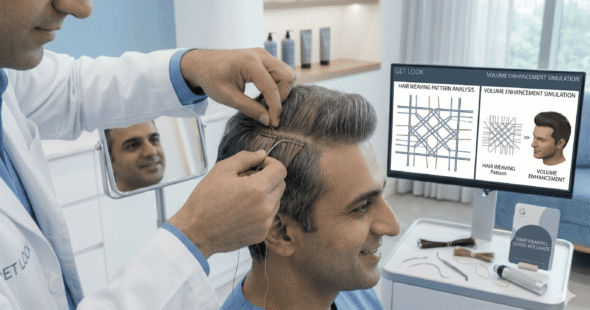 A skilled specialist expertly performing hair weaving on a client for added volume.