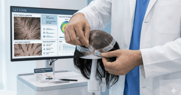 A specialist precisely applying medical-grade adhesive tape to a hair patch base.
