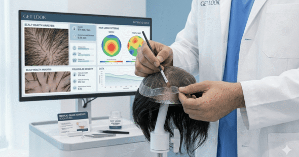 An expert technician applying professional-grade adhesive for hair patch pasting in Noida clinic.