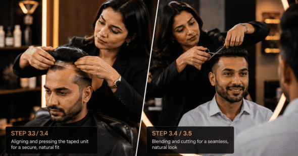 Before and after time-lapse fitting process of taped human hair patch in a salon - Hair Taping in Noida