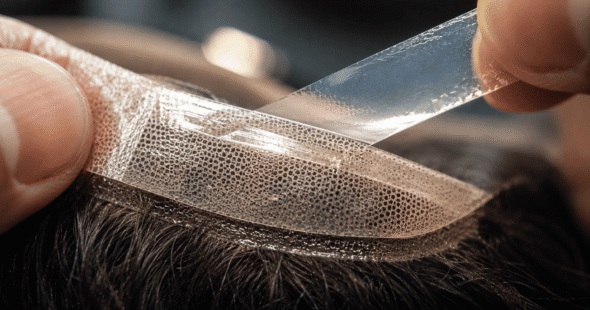 Close-up of medical-grade adhesive hair tape applied to a poly base system - Hair Taping in Noida