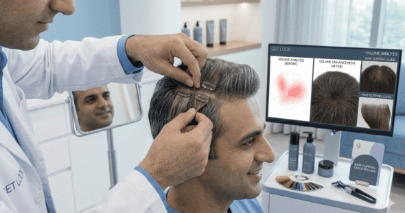 A professional stylist demonstrating a precise hair clipping attachment on a client’s head