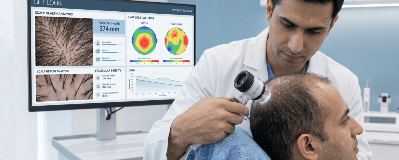 Professional digital scalp analysis showing hair loss patterns in a premium clinic.