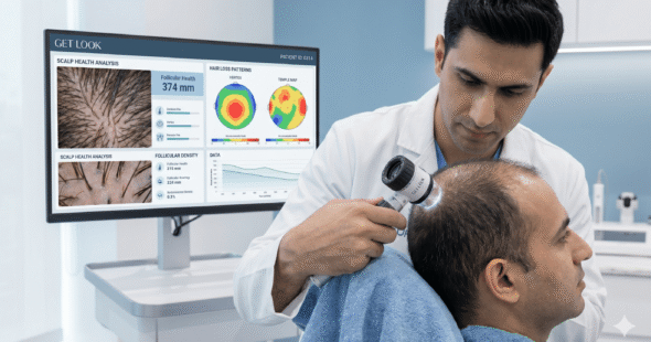 Professional digital scalp analysis showing hair loss patterns in a premium clinic.