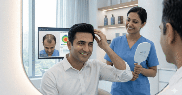 A professional stylist performing a precision hair fixing service in a luxury clinic.