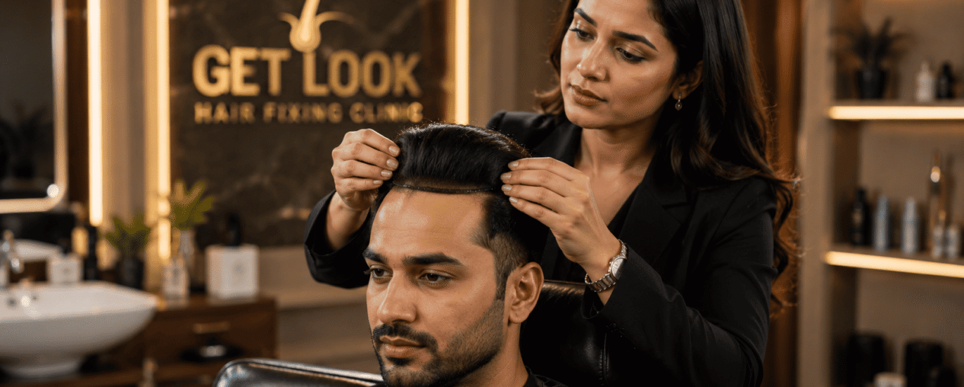 Professional female stylist applying a seamless, non-surgical hair taping patch in Noida clinic.-get-look-hair-patch-clinic-noida