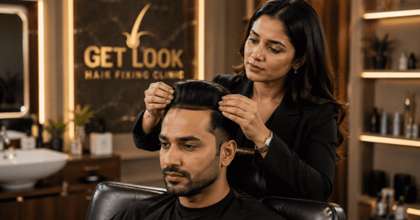 Professional female stylist applying a seamless, non-surgical hair taping patch in Noida clinic.-get-look-hair-patch-clinic-noida