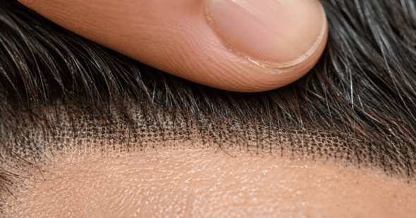 Close-up of hypoallergenic acrylic hair tape creating an undetectable bond with the scalp - Hair Taping in Noida