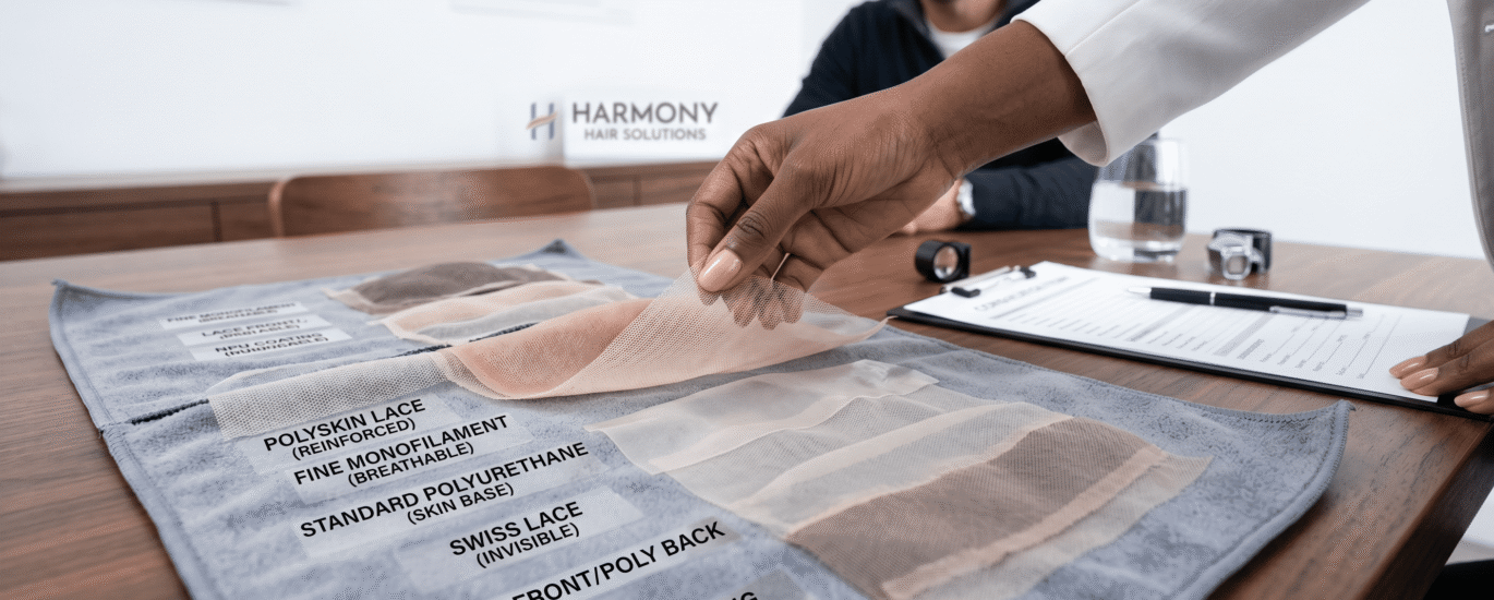 A close-up of different hair system base material laid out for comparison in a consultation