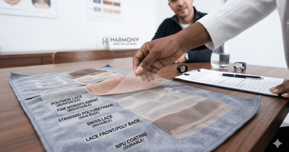 A close-up of different hair system base material laid out for comparison in a consultation