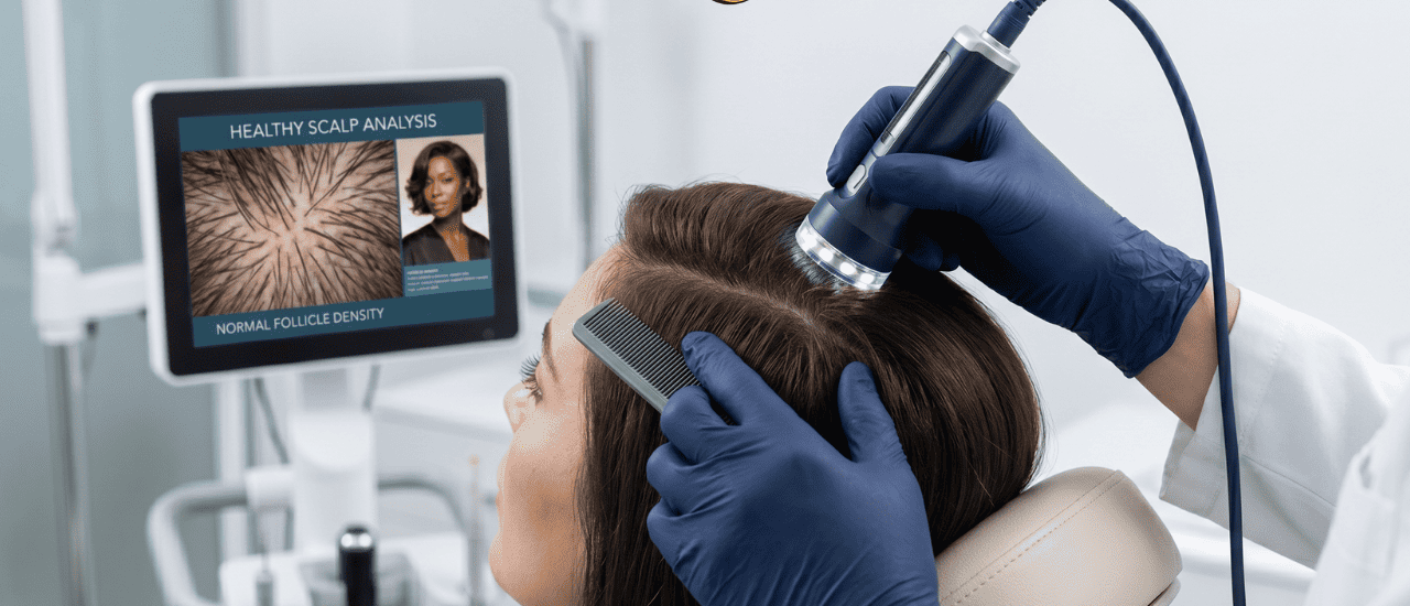 A close-up view of a professional scalp analysis tool being used to check scalp health in a clinic.