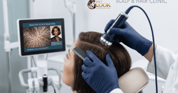A close-up view of a professional scalp analysis tool being used to check scalp health in a clinic.