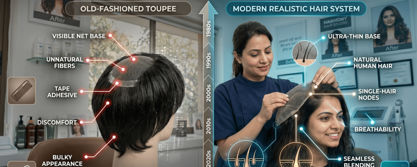 A high-tech comparison graphic showing the evolution from old-fashioned toupees to modern, realistic hair systems.