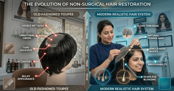 A high-tech comparison graphic showing the evolution from old-fashioned toupees to modern, realistic hair systems.