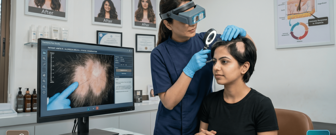 A professional specialist conducting a scalp examination for a client with alopecia areata.