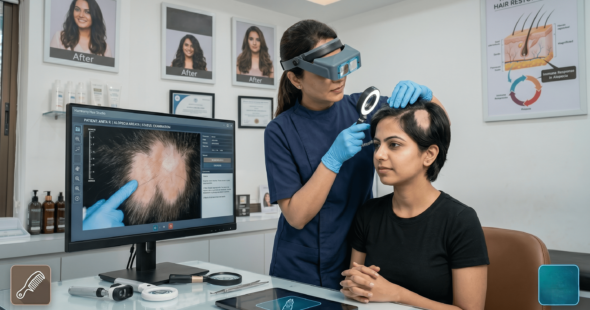 A professional specialist conducting a scalp examination for a client with alopecia areata.