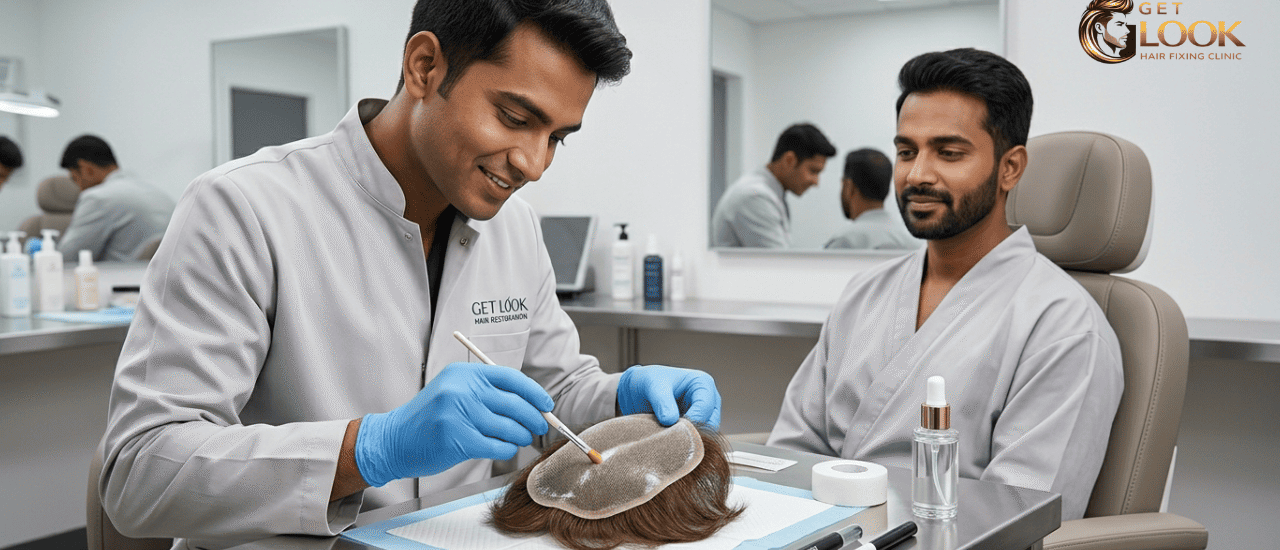 A professional technician performing a thorough cleaning and re-bonding session for a hair patch
