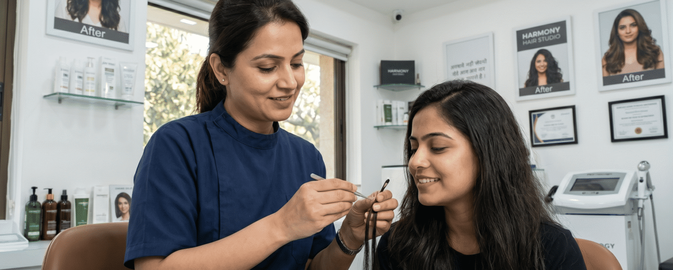 A specialist showing the delicate integration of ladies hair extensions with natural hair in a modern clinic.