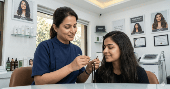 A specialist showing the delicate integration of ladies hair extensions with natural hair in a modern clinic.