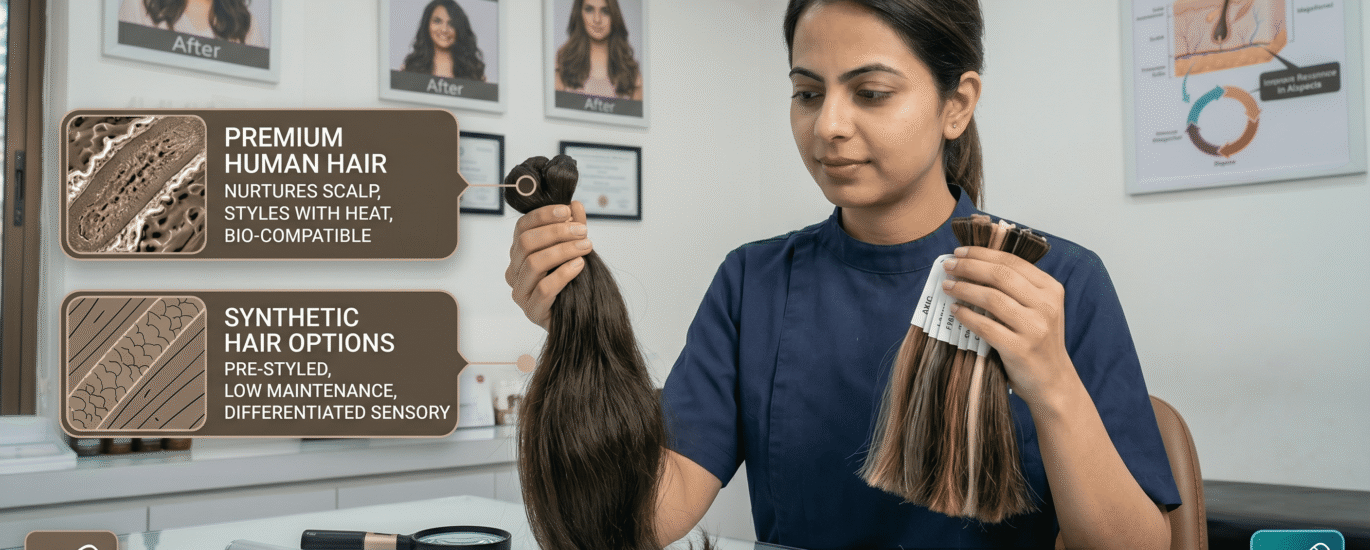 A stylist comparing premium human hair strands with synthetic hair options for restoration.