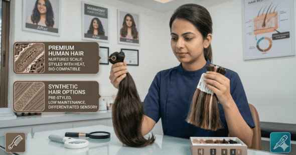 A stylist comparing premium human hair strands with synthetic hair options for restoration.