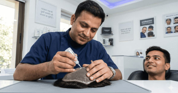 A technician carefully applying a professional adhesive solvent to a hair system base to protect the scalp and unit.