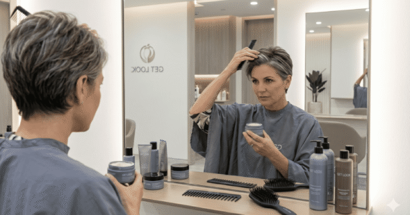 A woman styling her natural-looking hair patch for women in a modern salon