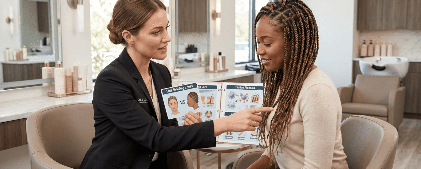 A specialist providing advice on preventing traction-based hair loss in a salon.