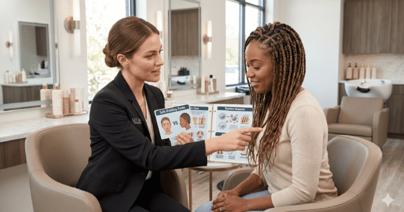 A specialist providing advice on preventing traction-based hair loss in a salon.