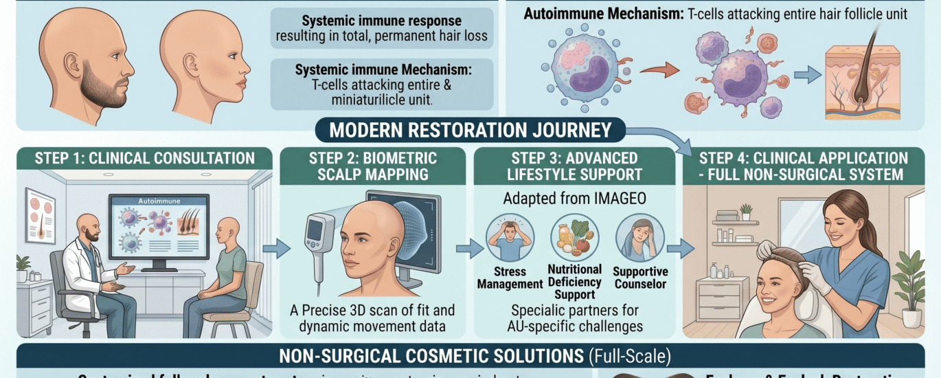 A representation of full-scale hair restoration for alopecia universalis in a professional clinic