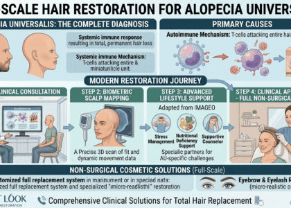 A representation of full-scale hair restoration for alopecia universalis in a professional clinic