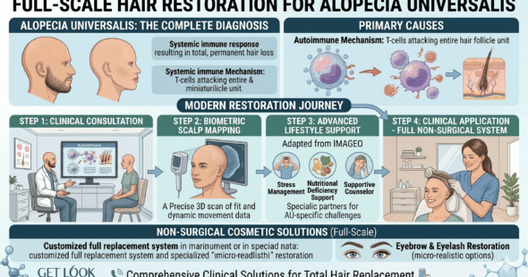 A representation of full-scale hair restoration for alopecia universalis in a professional clinic