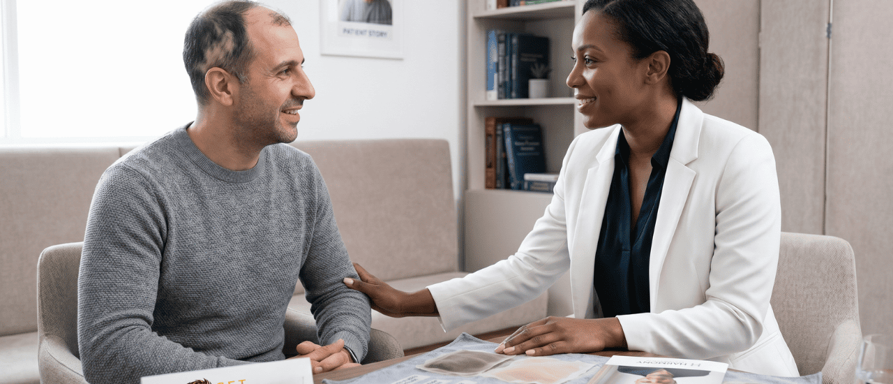 A professional and empathetic consultant talking to a alopecia patient regarding Alopecia and Mental Health in a supportive, private clinic environment.