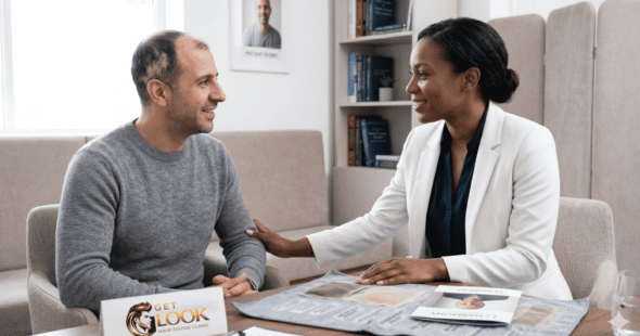 A professional and empathetic consultant talking to a alopecia patient regarding Alopecia and Mental Health in a supportive, private clinic environment.