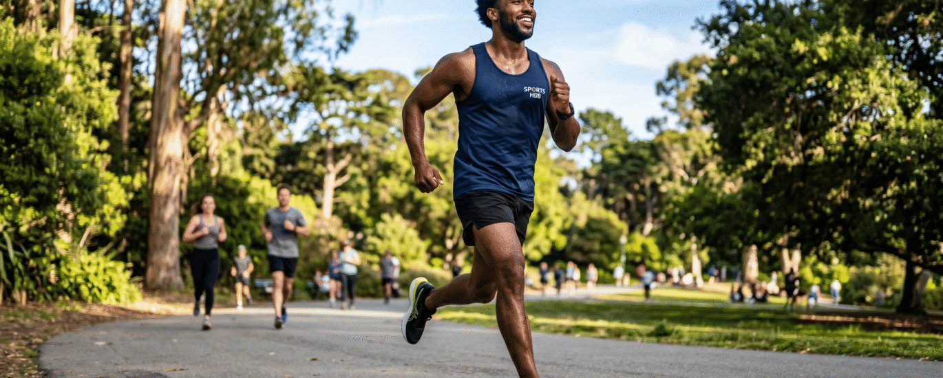 An active man confidently running with his hair patch perfectly in place, enjoying his lifestyle freedom