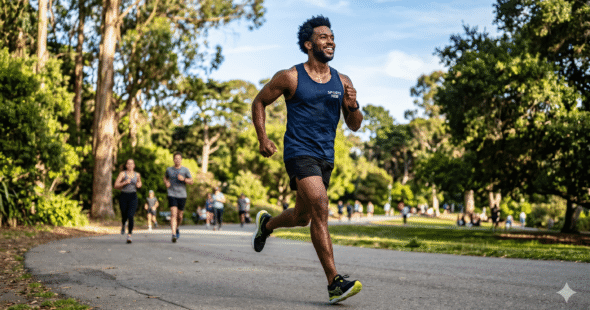 An active man confidently running with his hair patch perfectly in place, enjoying his lifestyle freedom