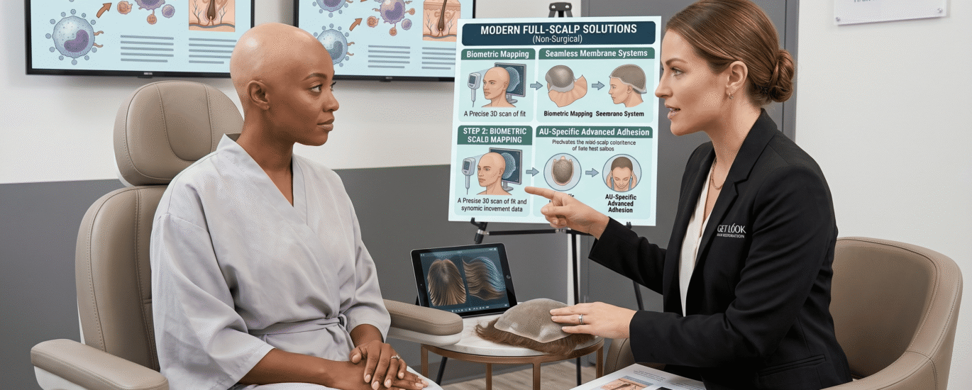 An expert consulting a client on full scalp hair restoration for alopecia totalis