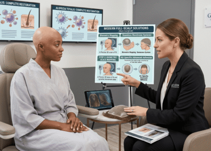 An expert consulting a client on full scalp hair restoration for alopecia totalis