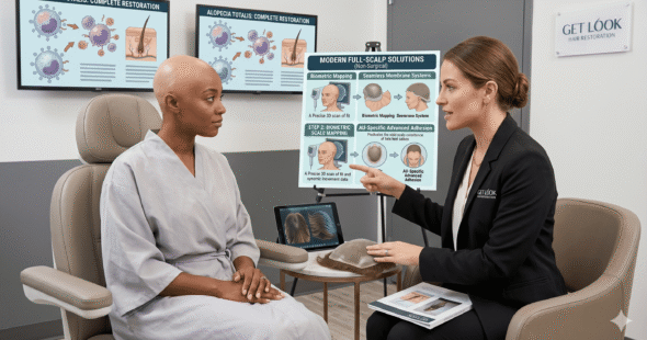 An expert consulting a client on full scalp hair restoration for alopecia totalis