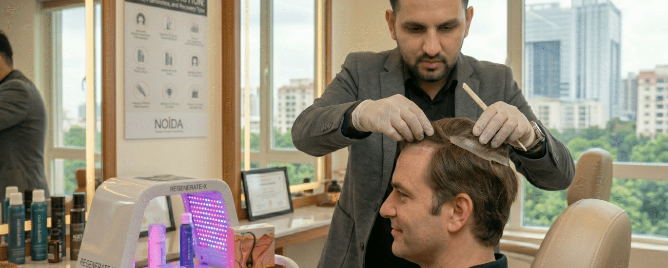 A stylist carefully layering and hair patch blending with a client's natural hair.