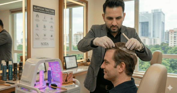 A stylist carefully layering and hair patch blending with a client's natural hair.