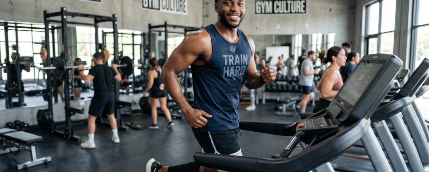 An active man in gym attire looking confident with his secure hair patch during a workout.