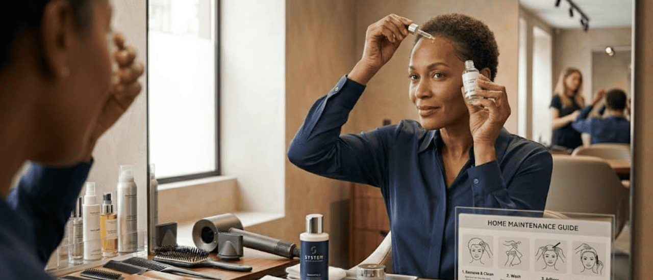 A client gently styling their hair fixing system using professional-grade tools.