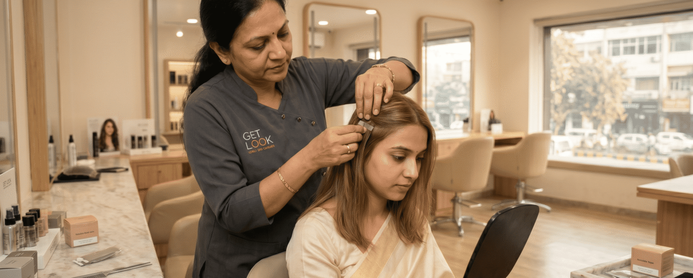 A stylist carefully applying lightweight, invisible tape-in extension to a client with fine, thin hair.