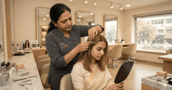A stylist carefully applying lightweight, invisible tape-in extension to a client with fine, thin hair.