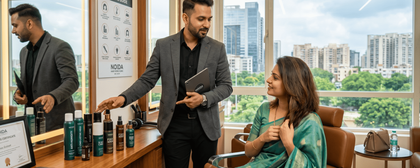 An expert stylist advising a client on humidity-resistant hair fixing care in Noida.