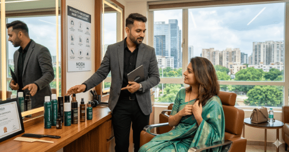An expert stylist advising a client on humidity-resistant hair fixing care in Noida.
