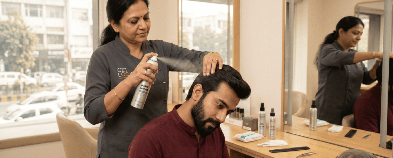 A specialist applying a professional scalp protector spray to a client’s scalp before hair bonding.