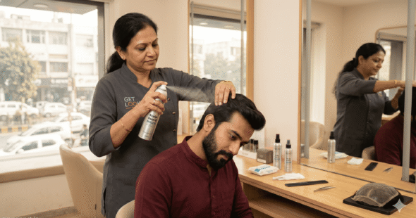 A specialist applying a professional scalp protector spray to a client’s scalp before hair bonding.